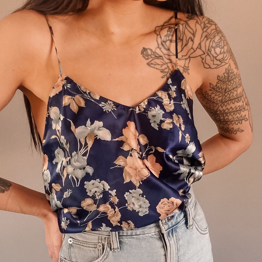Vintage Dark Blue Floral Satin Cami